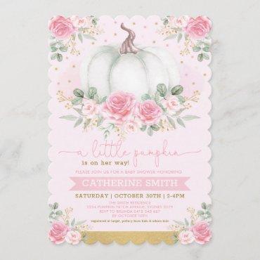 Little Pumpkin Pink Gold Floral Fall Baby Shower Invitation