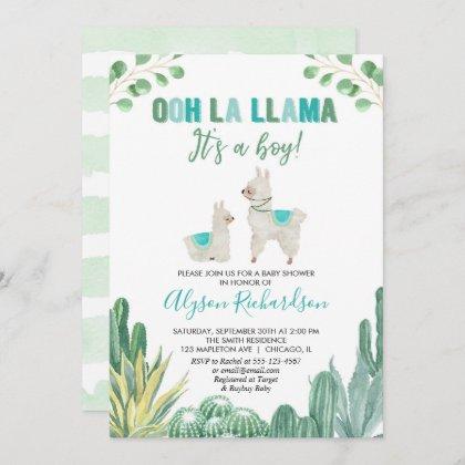 Llama and cactus boy baby shower invitation