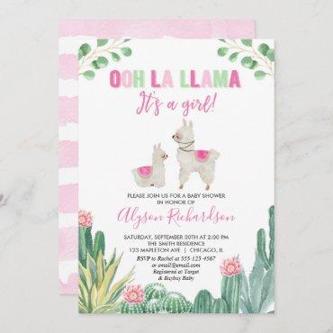 Llama and cactus girl baby shower invitation