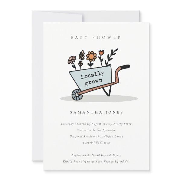 Locally Grown Blue Floral Cart Baby Shower Invite