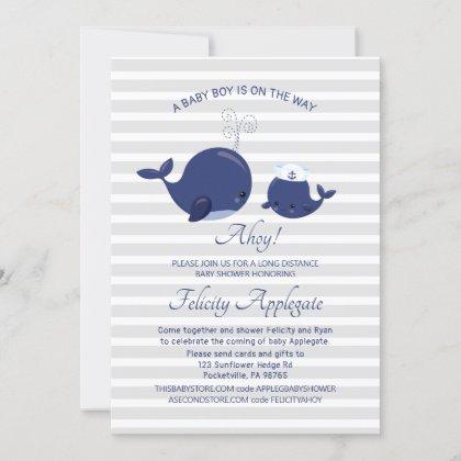 Long Distance Nautical Blue Whale Boy Baby Shower Invitation