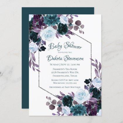 Love Bloom | Teal Dark Moody Floral Baby Shower Invitation