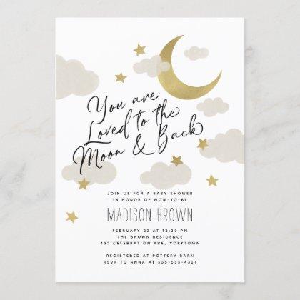 Loved to the Moon and Back Baby Shower Gold White