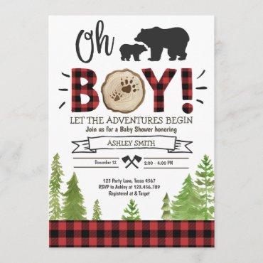 Lumberjack Baby Shower Woodland Bear Cub Plaid Boy Invitation