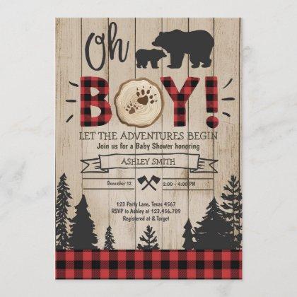 Lumberjack Baby Shower Woodland Bear Cub Plaid Boy Invitation