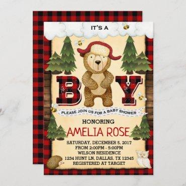 Lumberjack Bear Baby Shower Invitation Invite