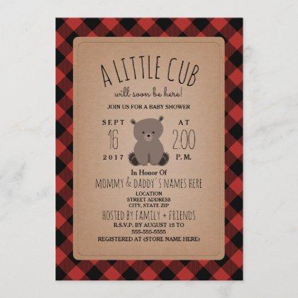 Lumberjack Plaid Bear Cub Baby Shower Invitation