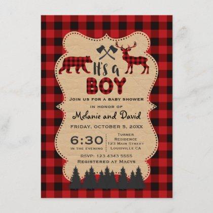 Lumberjack Red Buffalo Little Hunter Baby Shower Invitation