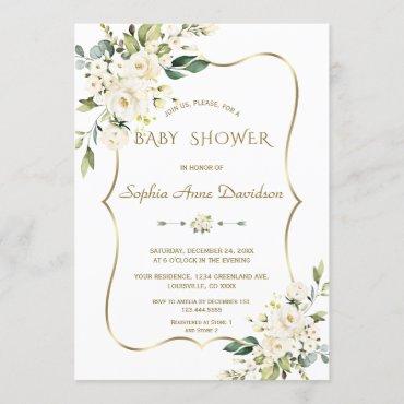 Luxury White Cream Flowers Gold Baby Shower Invitation