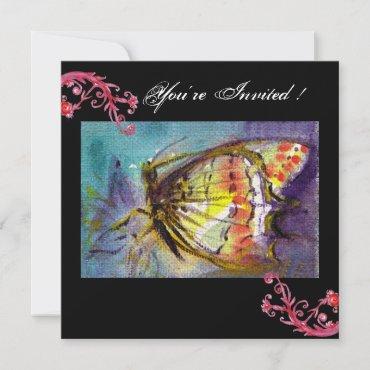MAGIC BUTTERFLY WITH RED FLORAL SWIRLS ,black blue