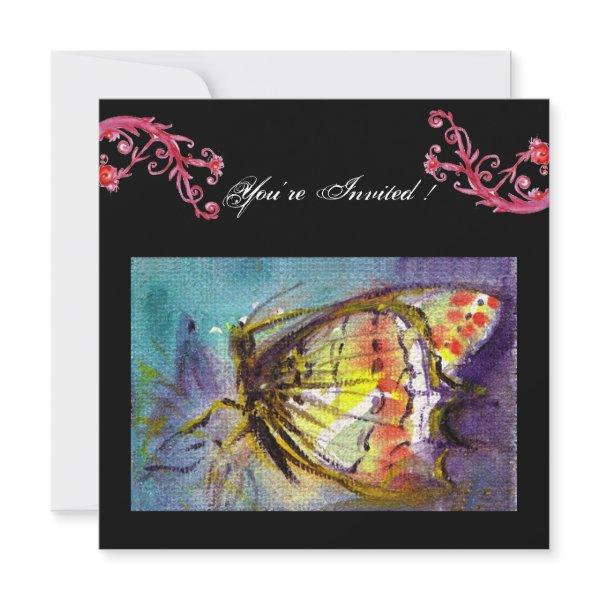 MAGIC BUTTERFLY WITH RED FLORAL SWIRLS ,black blue