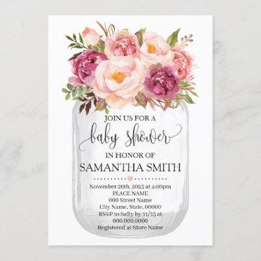 Mason jar baby shower Pink floral country chic Invitation