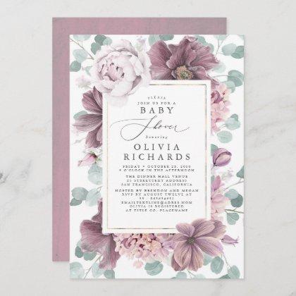 Mauve Flowers and Greenery Elegant Baby Shower Invitation