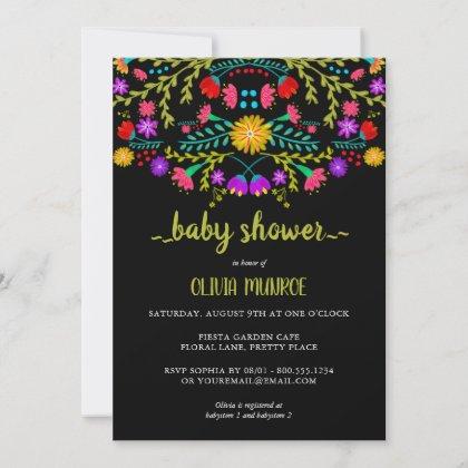Mexican Fiesta Floral Black Colorful Baby Shower Invitation