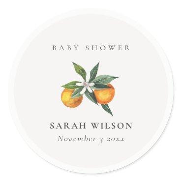 Minimal Citrus Orange Botanical Boho Baby Shower Classic Round Sticker