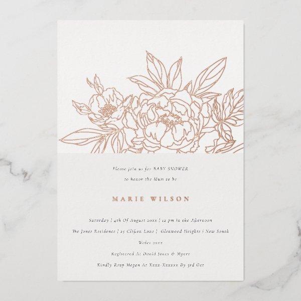 Minimal Elegant Rose Floral Sketch Baby Shower Foil