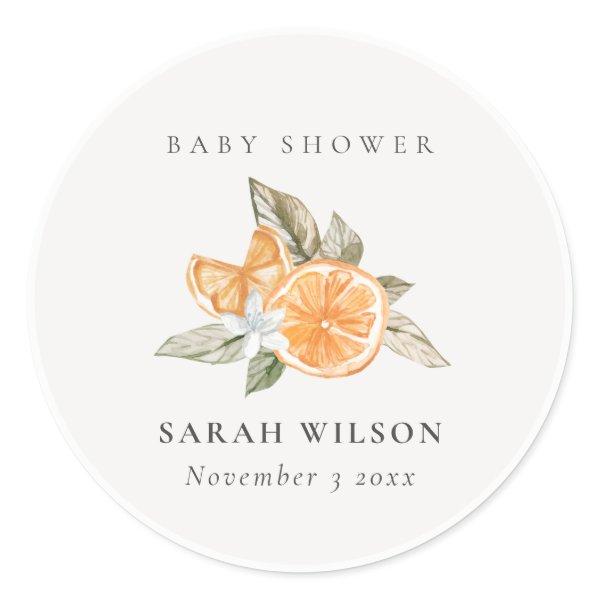 Minimal Orange Botanical Leafy Boho Baby Shower Classic Round Sticker