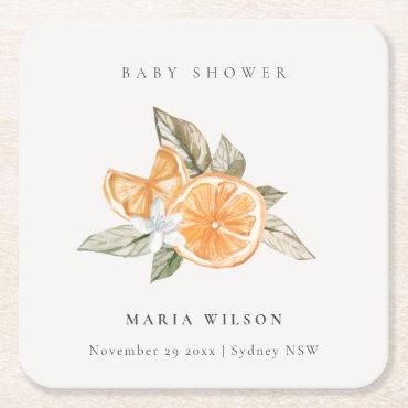 Minimal Orange Botanical Leafy Boho Baby Shower Square Paper Coaster