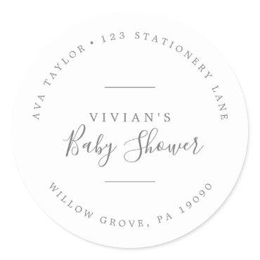 Minimal Silver Baby Shower Circular Return Address Classic Round Sticker