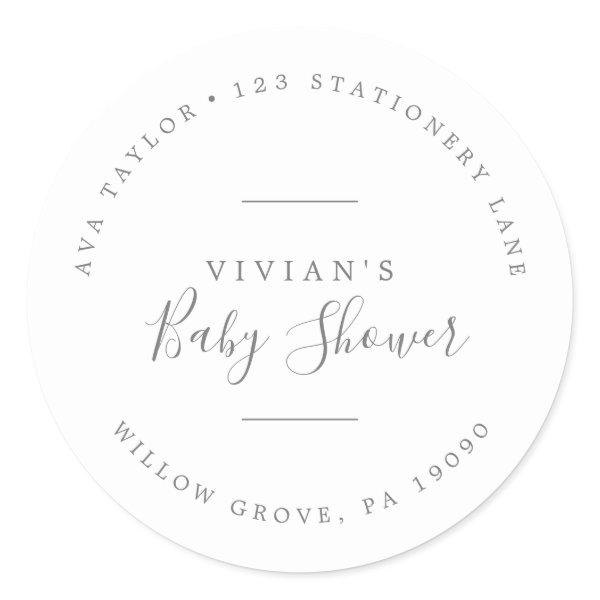Minimal Silver Baby Shower Circular Return Address Classic Round Sticker