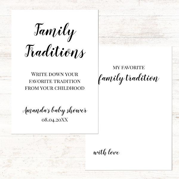Minimalist Baby Shower Family Traditions Game Card