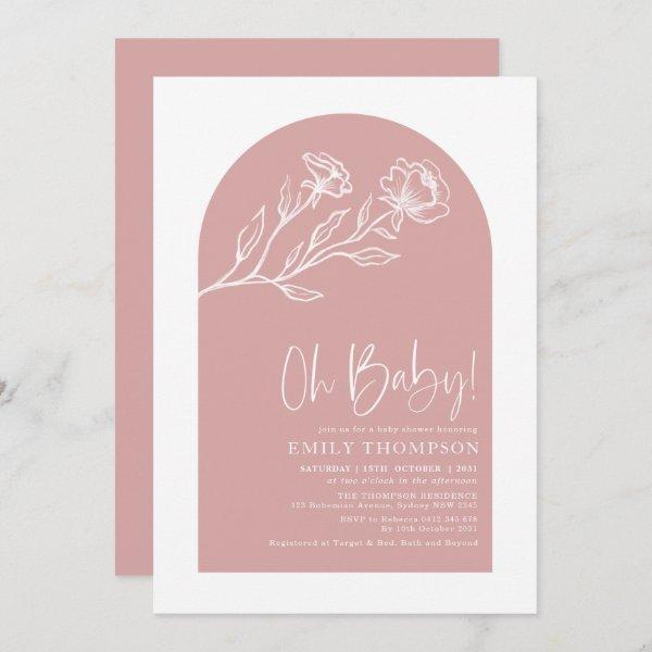 Minimalist Dusty Pink Floral Line Baby Girl Shower