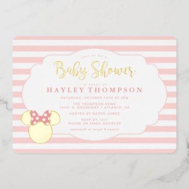Minnie | Pink Striped Gold Foil Baby Shower  Foil Invitation