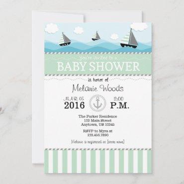 Mint Green Blue Nautical Baby Shower Invitation