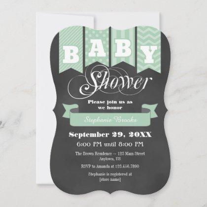 Mint Green Chalkboard Flag Baby Shower Invite