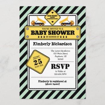 Mint Green Construction Baby Shower Invitation
