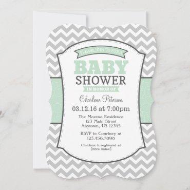 Mint Green Gray Chevron Baby Shower Invitation