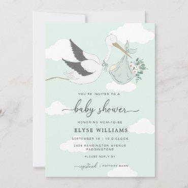 Mint Green Stork Baby Shower Invitation