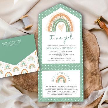 Mint Green Watercolor Boho Rainbow Baby Shower All In One