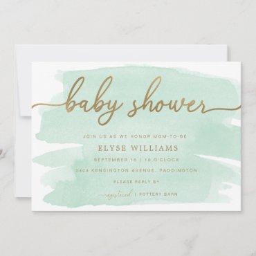 Mint Green Watercolour Gold Baby Shower Invitation