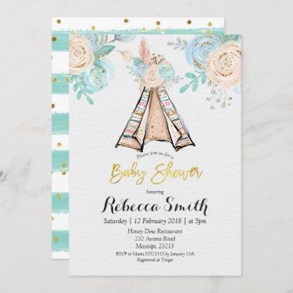 Mint Teepee Watercolor Baby Shower Invitation
