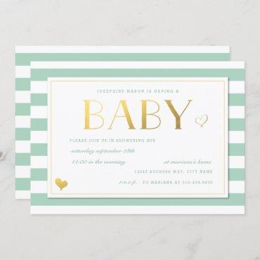 Mint & White Stripe Baby Shower Faux Gold Hearts Invitation