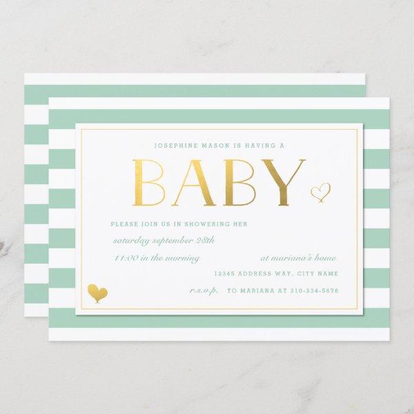 Mint & White Stripe Baby Shower Faux Gold Hearts