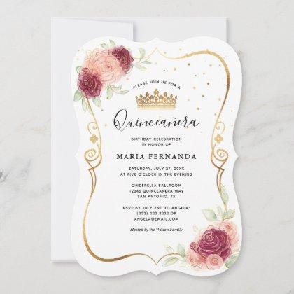 Mis Quince Burgundy Blush Gold Floral Quinceanera Invitation