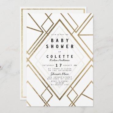 Modern Artsy Geometrical White Gold Baby Shower Invitation