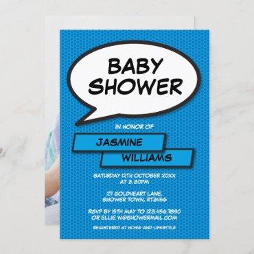 Modern Baby Shower Fun Photo Baby Blue Invitation