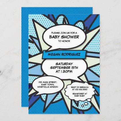 Modern Baby Shower Sprinkle Boy Blue Comic Book Invitation