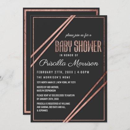 Modern Black Rose Gold Chic Linear Baby Shower Invitation