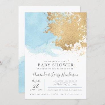 Modern Blue and Gold Watercolor Baby Shower Invitation