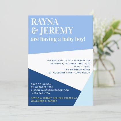 Modern Blue Geometric Boy Couple's Baby Shower Invitation