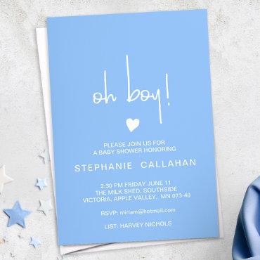 Modern blue oh boy baby shower card, tiny heart