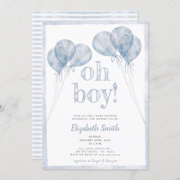 Modern Blue Stripes Balloons Oh Boy Baby Shower Invitation