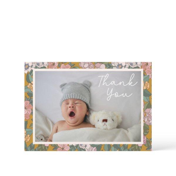 Modern Boho Floral Two Photo Baby Shower Message Thank You Card
