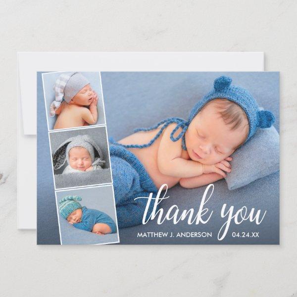 Modern Calligraphy New Baby 4 Photo Collage Thank You Card