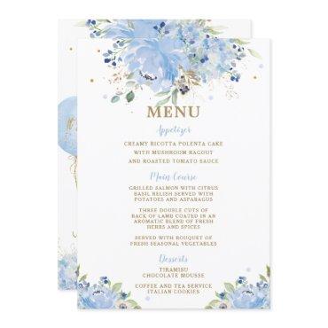 Modern Chic Blue Floral Balloons Baby Shower Menu