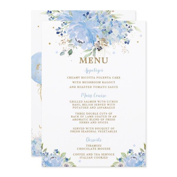 Modern Chic Blue Floral Balloons Baby Shower Menu